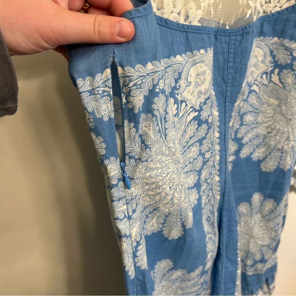 Vintage Free People Paisley Linen Blend Mini Shift Dress Blue White Size 12 - Picture 11 of 11